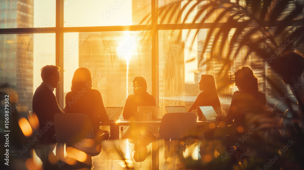 A group of professionals engaged in meeting during sunset, creating warm atmosphere A group of professionals engaged in meeting during sunset, creating warm atmosphere