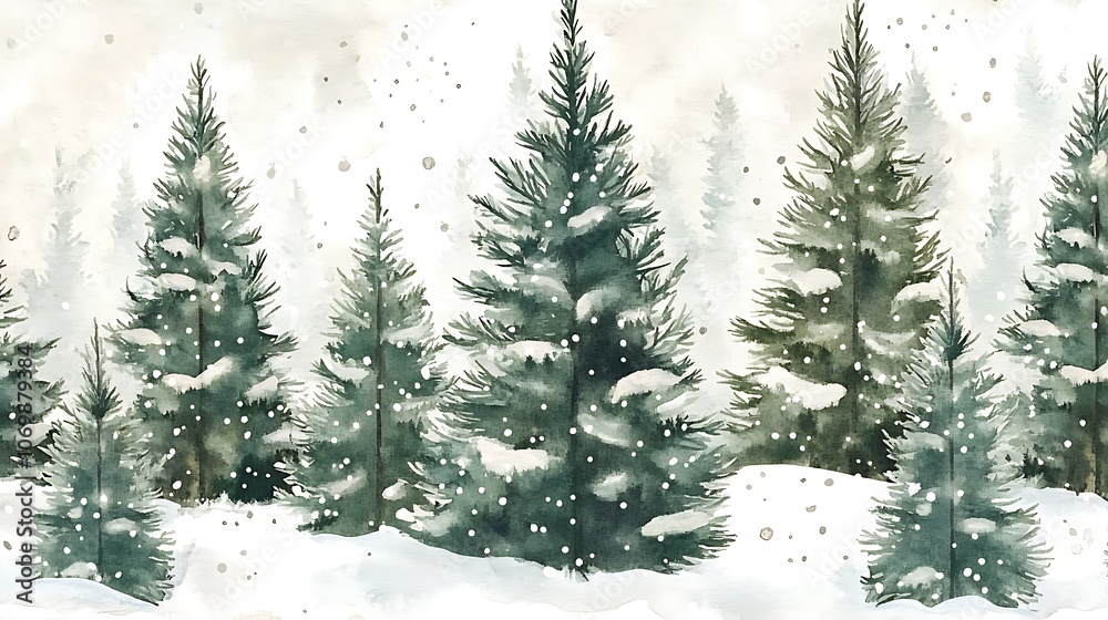 Obraz premium Winter seamless Christmas tree pattern watercolor forest greens whites snow-covered branches holiday background
