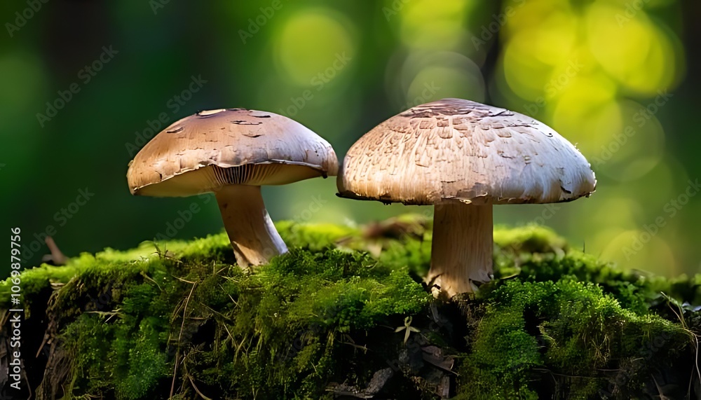 mushrooms growing in green moss covered forest. mushrooms growing in green moss covered forest.