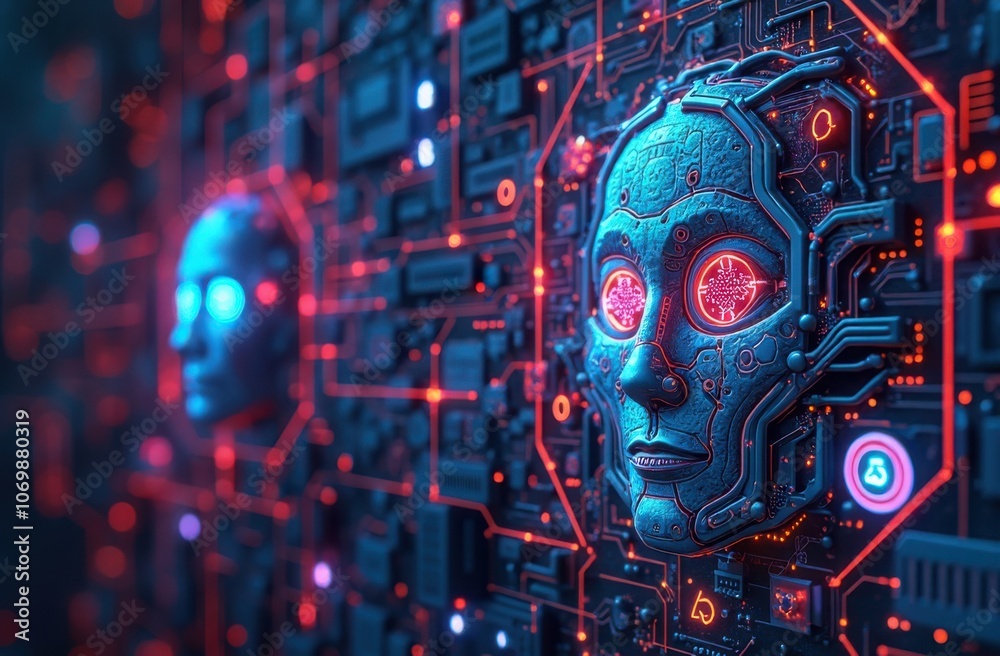 Futuristic robotic faces set against a high-tech digital background with glowing circuitry details at night Futuristic robotic faces set against a high-tech digital background with glowing circuitry details at night