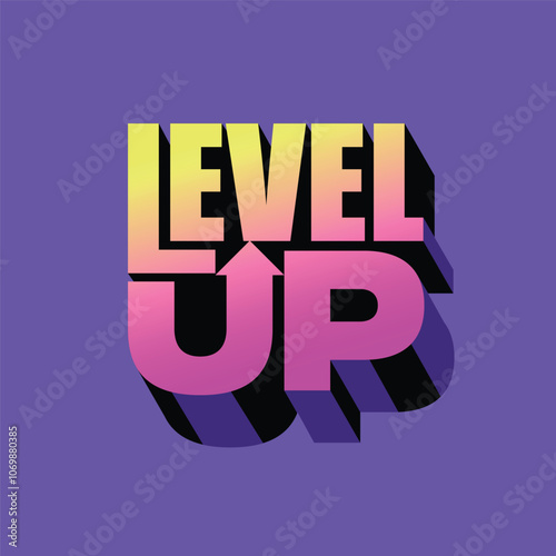 Vibrant modern color Level up logo with 3d text effect on purple background. Level up sticker, label, badge, tag. Gaming success or business finance growth logotype banner, poster. Up arrow icon