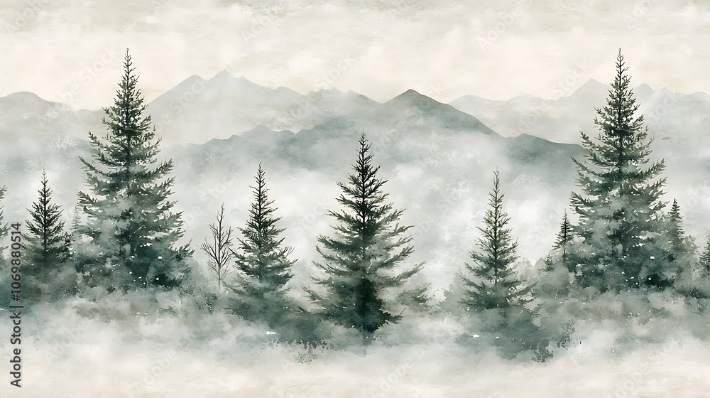 Fototapeta premium Seamless winter pattern watercolor Christmas trees natural green white hues frosty landscape holiday decor