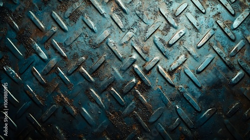 Worn checker plate in an industrial environment, overhead view, soft reflections of diffused light on textured metal diamonds, atmospheric setting