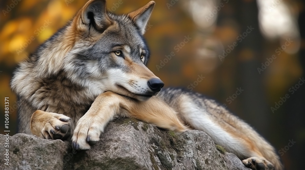 Fototapeta premium Majestic wolf featuring sharp eyes powerful stance wild nature elegance. AI generated