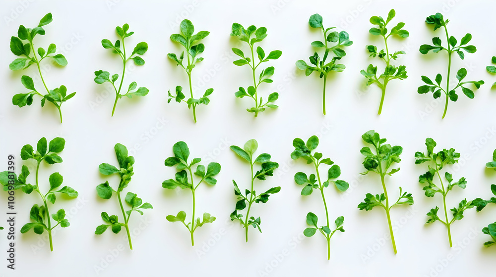 Green sprigs of fresh herbs arranged in a pattern on a white background. Green sprigs of fresh herbs arranged in a pattern on a white background.