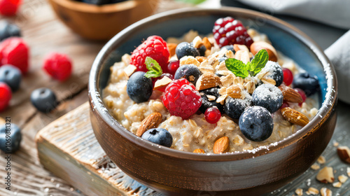 Delicious oatmeal topped with fresh berries and nuts, perfect for breakfast!