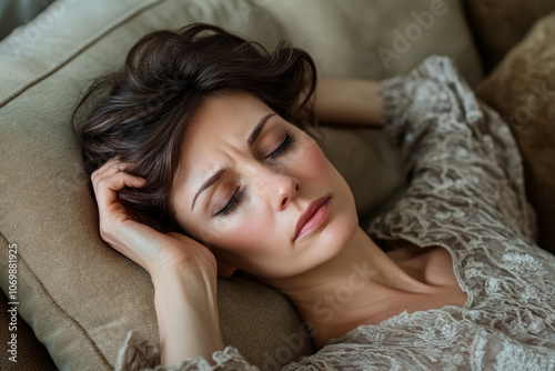Middle-aged woman lies on sofa, arm on head, feels pain and headache, suffers from high blood pressure. Fatigue female relaxes on soft pillow, sleeping tired and weak. 