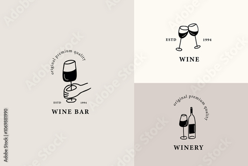 Line art doodle wine glasses logotypes