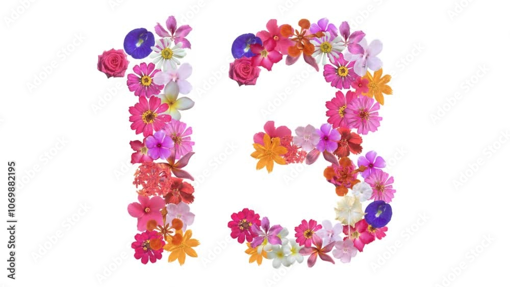 13, Video of numbers formed from growing flowers, suitable for birthday, anniversary and commemoration templates. 13, Video of numbers formed from growing flowers, suitable for birthday, anniversary and commemoration templates.
