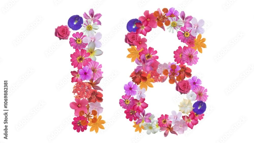 18, Video of numbers formed from growing flowers, suitable for birthday, anniversary and commemoration templates.