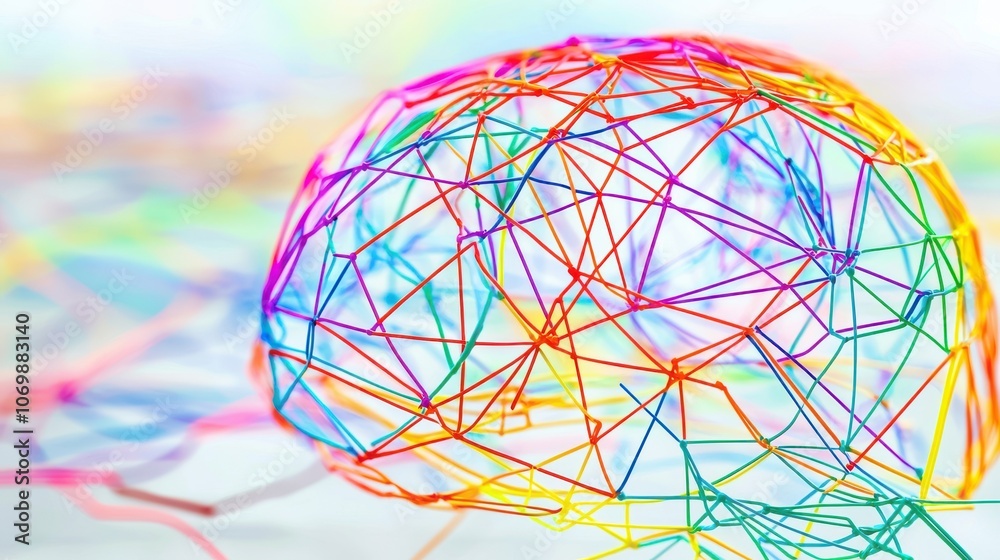 Close-up of human brain model with colorful wires connecting to represent neural activity, symbolizing mental exercise and cognitive development, with copy space for text or design.