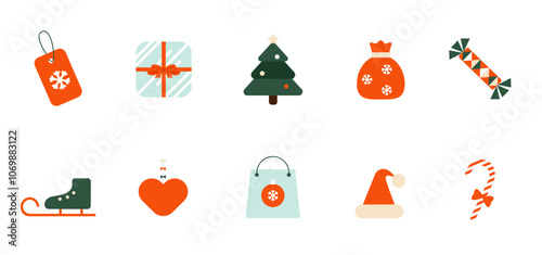 Christmas elements in modern minimalist geometric style. Festive trinkets, stickers, design elements. Colorful illustration in flat vector style.