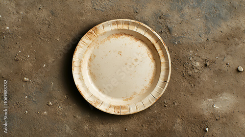 An empty, chipped plate lying on a dirt floor. Concept of food insecurity and poverty. photo