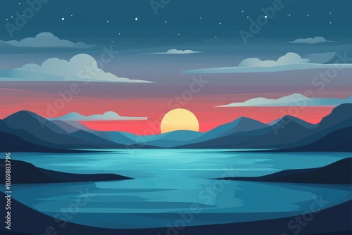 A Silhouetted Mountain Range at Dusk Over a Still Lake