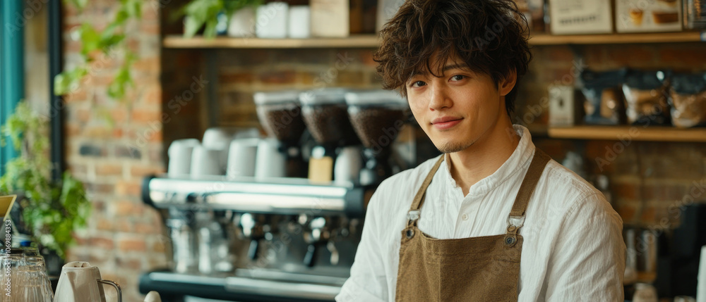 A barista smiles while expertly crafting a coffee beverage in a warm, inviting caf?, surrounded by rustic d?cor and coffee equipment A barista smiles while expertly crafting a coffee beverage in a warm, inviting caf?, surrounded by rustic d?cor and coffee equipment