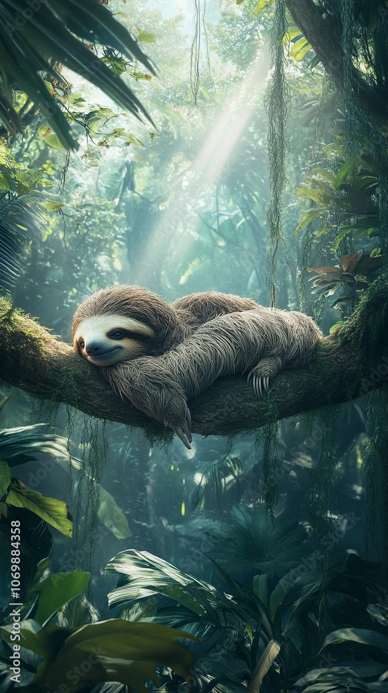 Naklejka premium A vertical image of a sloth resting high in a tree in a lush, green forest, captured in a 9:16 aspect ratio, suitable for a YouTube Short. generative ai