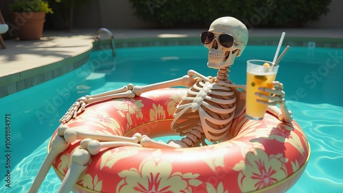 Skeleton wearing sunglasses relaxing on an inflatable ring in a swimming pool and holding cocktails photo