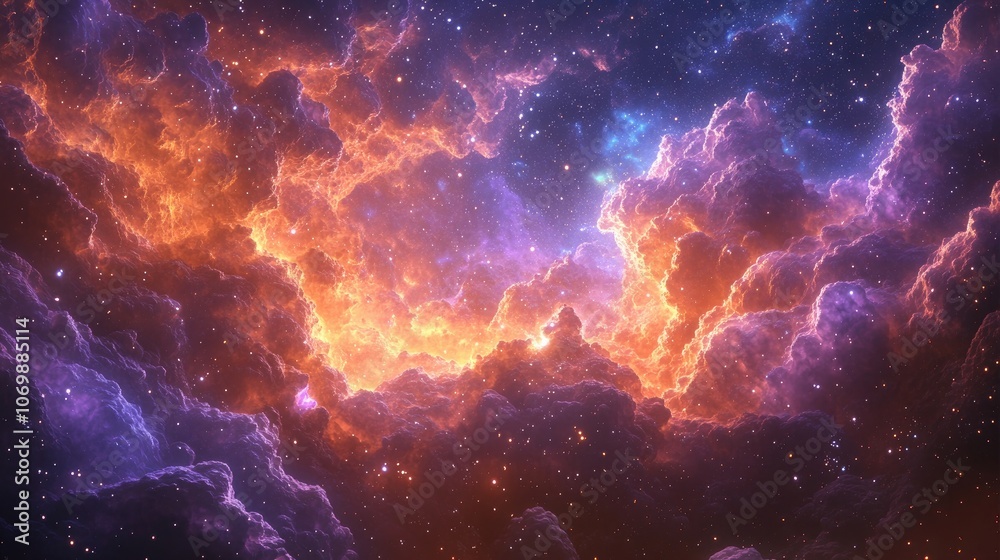 Vibrant Nebula Cloud Formation Illuminated by Cosmic Light and Twinkling Stars – A Stunning Celestial Landscape Showcasing the Mysteries of the Universe and the Beauty of Space in Purple