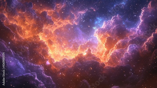 Vibrant Nebula Cloud Formation Illuminated by Cosmic Light and Twinkling Stars – A Stunning Celestial Landscape Showcasing the Mysteries of the Universe and the Beauty of Space in Purple