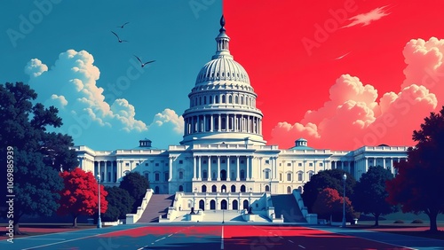 An illustration of the U.S. Capitol building in red and blue colors. Democrat and Republican