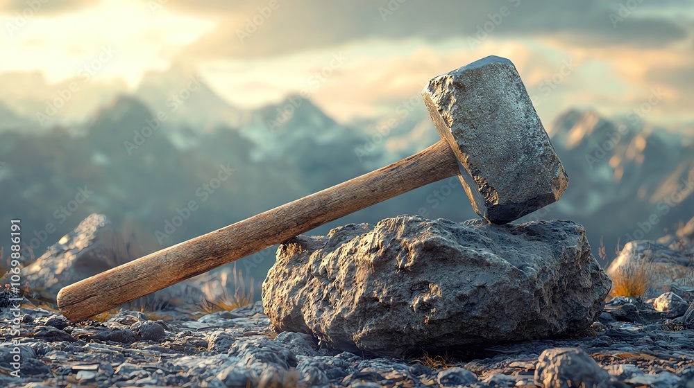 Stone hammer on rocky terrain, natural landscape Stone hammer on rocky terrain, natural landscape