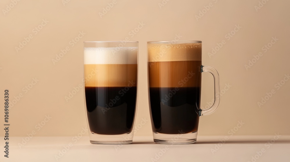 Milk coffee and black coffee side by side, highlighting their contrast on a plain background Milk coffee and black coffee side by side, highlighting their contrast on a plain background