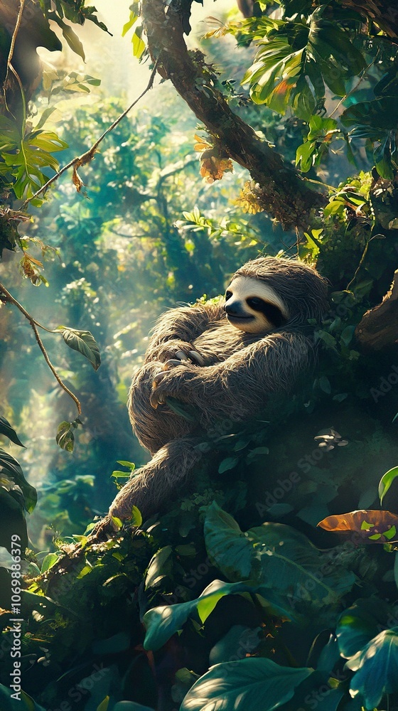 Obraz premium A vertical image of a sloth resting high in a tree in a lush, green forest, captured in a 9:16 aspect ratio, suitable for a YouTube Short. generative ai