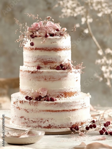 A three-tiered wedding cake with pink flowers and berries on top