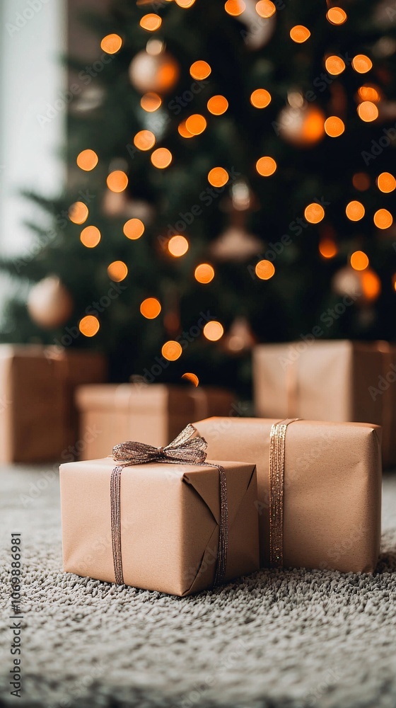 Cozy Christmas evening, crackling fire, a well-decorated Christmas tree with twinkling lights, wrapped presents, soft plush rug underfoot, festive ambiance