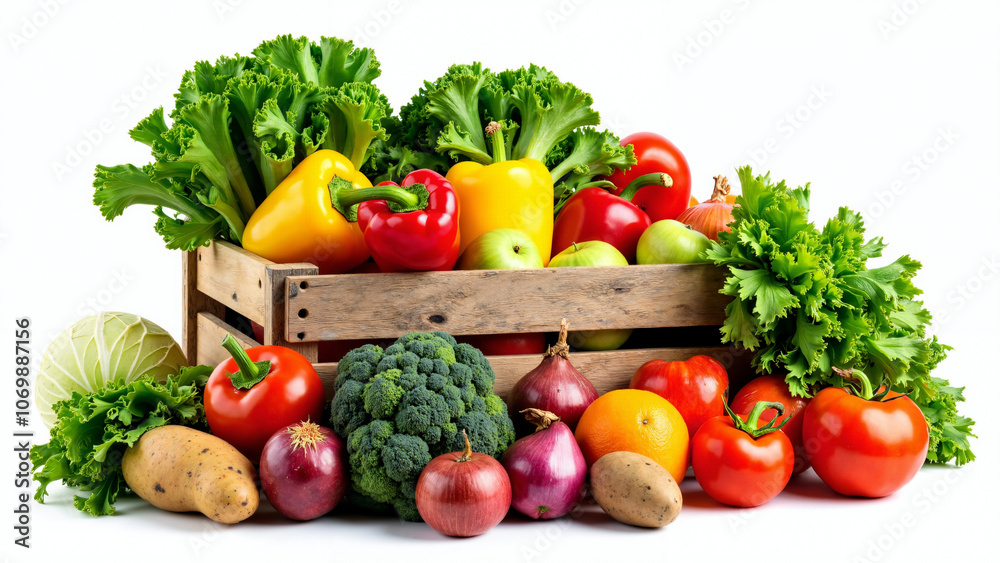 Vibrant Wooden Crate of Fresh Produce: Colorful Fruits and Vegetables for Healthy Eating Campaign Vibrant Wooden Crate of Fresh Produce: Colorful Fruits and Vegetables for Healthy Eating Campaign