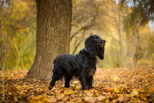 A black spaniel with long curly hair sits on a path in a park or forest. The dog has a white spot on its chest. The background is blurred, with autumn trees and yellow leaves on the ground.