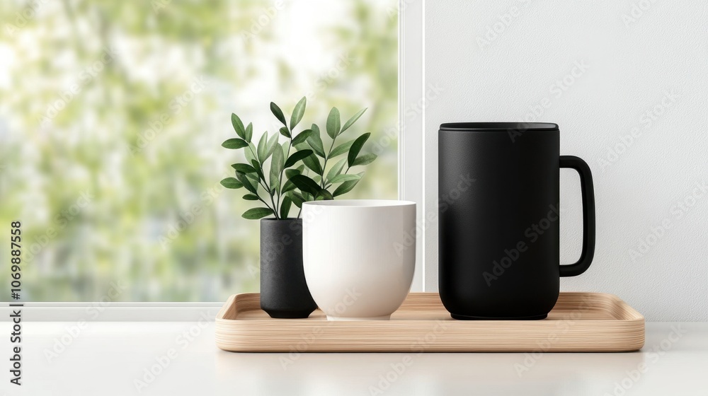 Minimalist coffee cups and plant on wooden tray by sunny window Minimalist coffee cups and plant on wooden tray by sunny window
