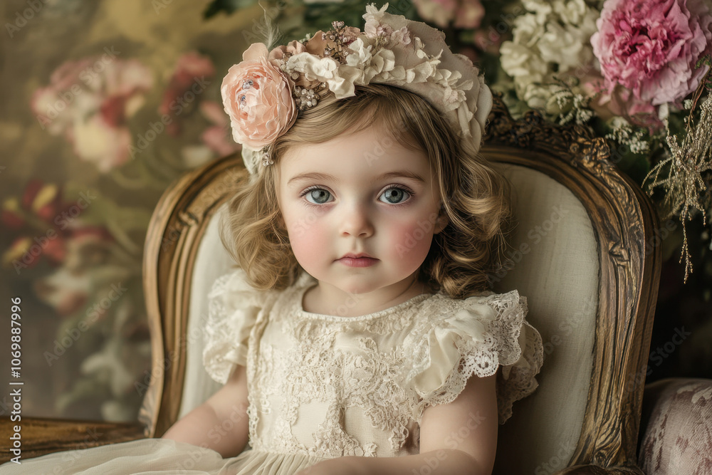 Adorable young girl with curly blonde hair and blue eyes, wearing a lace dress and floral headpiece, sits gracefully on an antique chair in a vintage floral setting.
