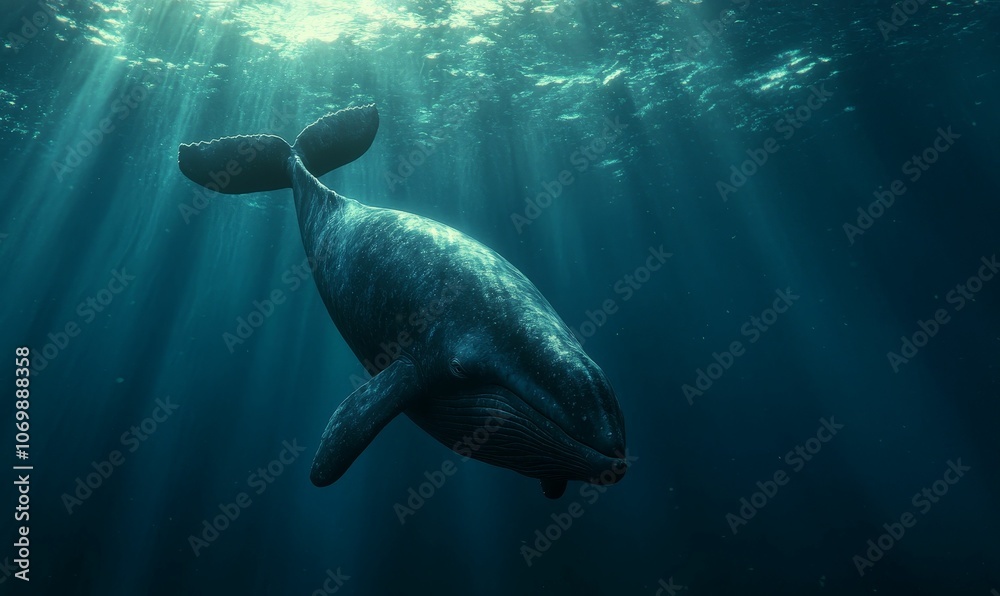 Obraz premium Whale swims through sunbeams in deep blue ocean.