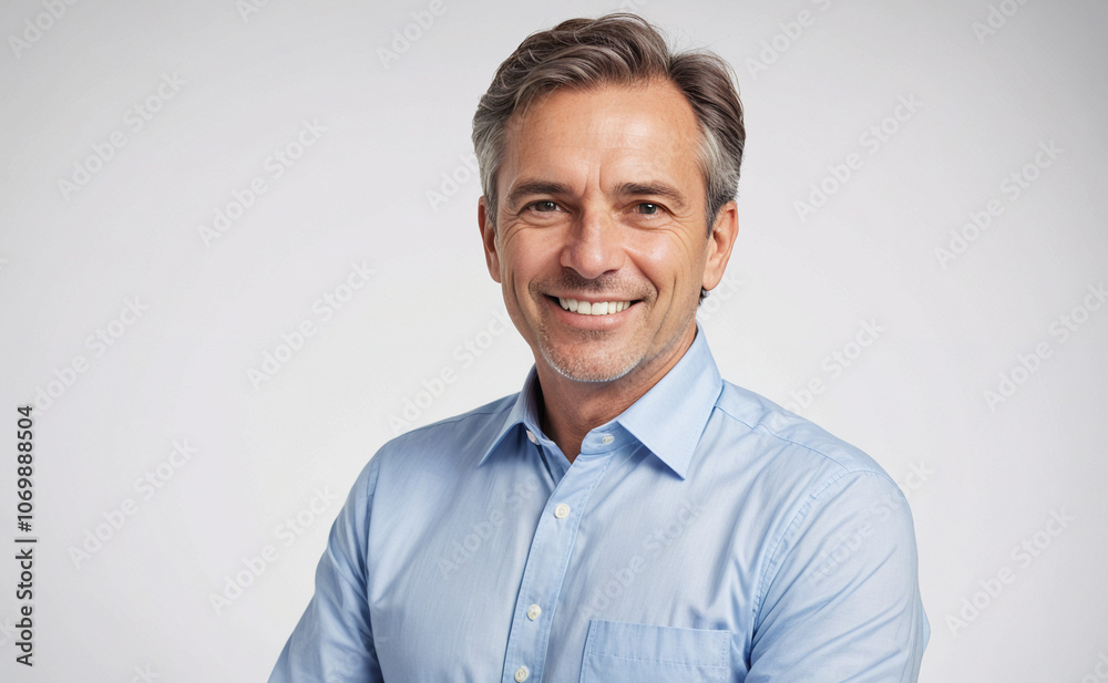 Man is smiling and wearing a blue shirt Man is smiling and wearing a blue shirt