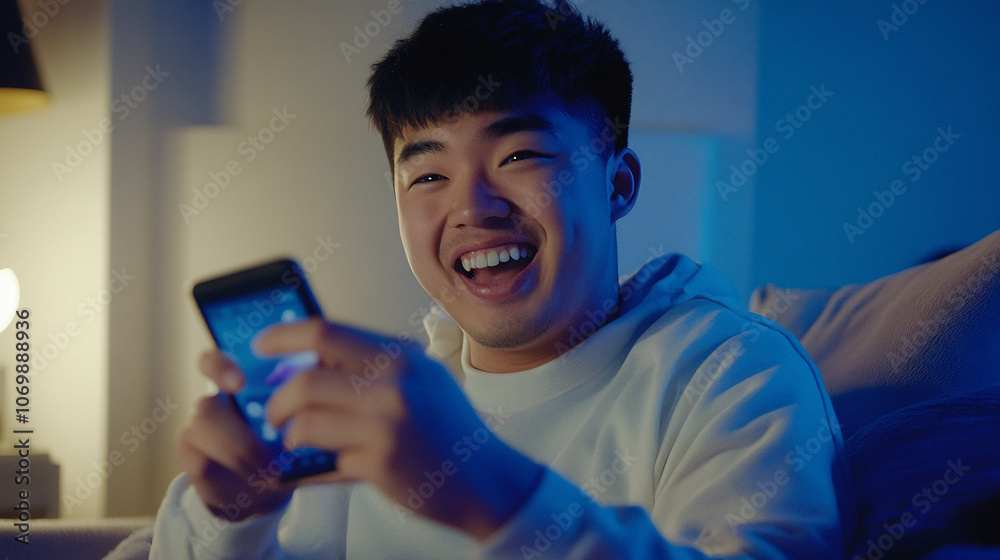 스마트폰을 보며 밝게 웃고 있는 남성, AI 생성

