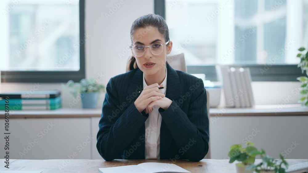 Video of confident business woman speaking through the webcam while making a video conference from the office