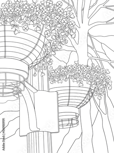 Floral coloring page with outline flowers in the cachepot on the street isolated on white background. 
