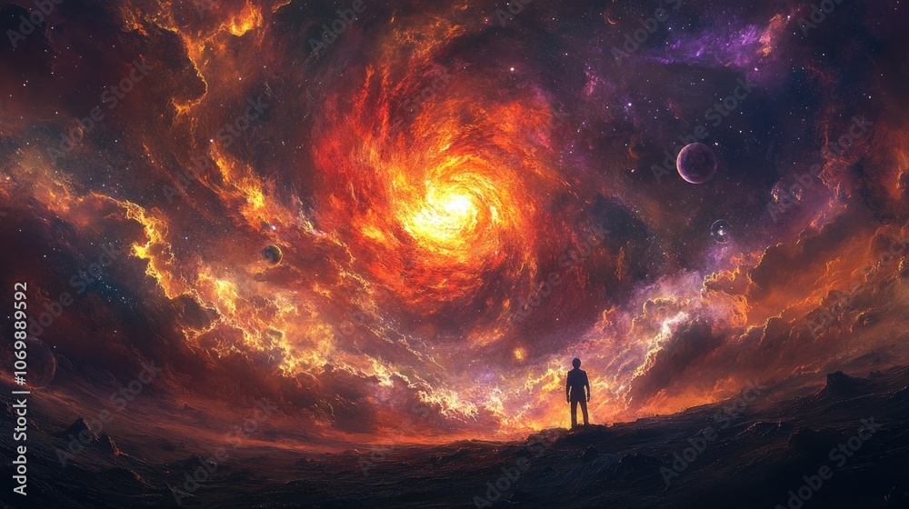 Alone in the Universe – A Traveler Faces the Swirling Nebula Clouds and Planets, Amidst Alien Ruins in a Surreal Landscape Illuminated by Cosmic Light in Shades of Red, Purple, and Gold Alone in the Universe – A Traveler Faces the Swirling Nebula Clouds and Planets, Amidst Alien Ruins in a Surreal Landscape Illuminated by Cosmic Light in Shades of Red, Purple, and Gold
