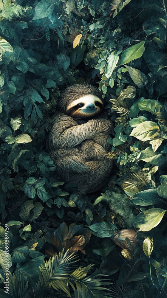 Obraz premium A vertical image of a sloth resting high in a tree in a lush, green forest, captured in a 9:16 aspect ratio, suitable for a YouTube Short. generative ai