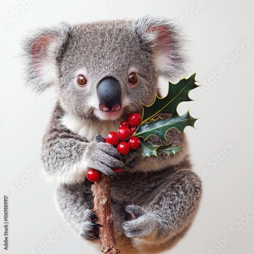 Koala spreads holiday cheer by holding a holly branch against a white background photo