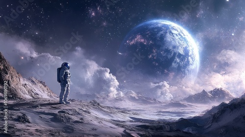 The Final Frontier – Astronaut on Alien Moon with Majestic Planet Looming Overhead, Surrounded by the Distant Stars and Galaxies of the Infinite Universe in a Striking Space Exploration Scene