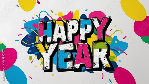 Happy New Year graphic design, colorful circles, confetti, celebration. photo