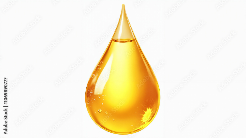 Stylized Golden Liquid Drop: Glossy Teardrop with Bubbles on White Background - Perfect for Luxury Cosmetics Ads Stylized Golden Liquid Drop: Glossy Teardrop with Bubbles on White Background - Perfect for Luxury Cosmetics Ads