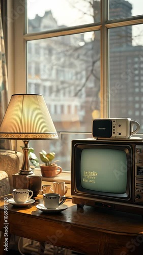 A cozy living room scene featuring a vintage TV, lamp, and coffee cups by a window.