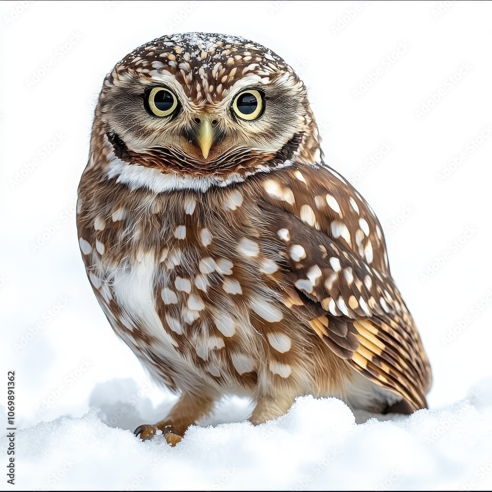 Fototapeta premium Little owl displays intricate feathers with snowflake accents in a winter wonderland