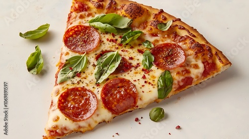 Pepperoni Pizza Slice with Basil and Red Pepper Flakes