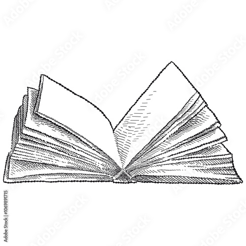 Hand drawn sketch of open book in hardcover with blank pages in black isolated on white background. 
