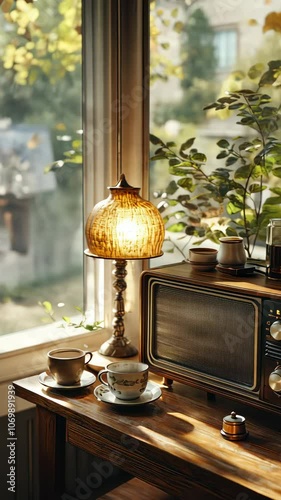 A cozy corner featuring a vintage radio, lamp, and plants, creating a warm atmosphere.