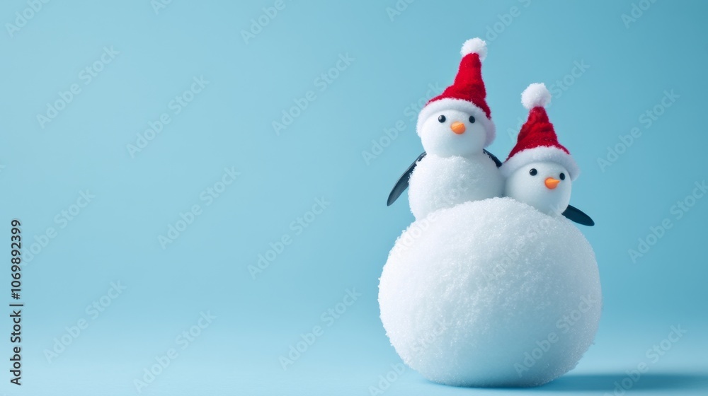 Charming Penguins Building Snowman: Festive Teamwork in Winter Wonderland Charming Penguins Building Snowman: Festive Teamwork in Winter Wonderland